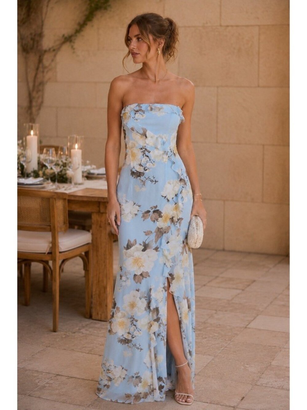 Lulus Excellent Sensation Maxi Dress Sz XXS Blue Floral Ruffled Strapless Gown